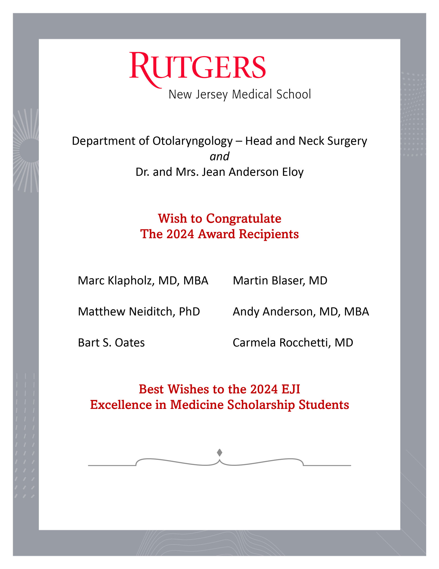 Rutgers NJMS Department of Otolaryngology and Dr. and Mrs. Jean Anderson Eloy advertisement