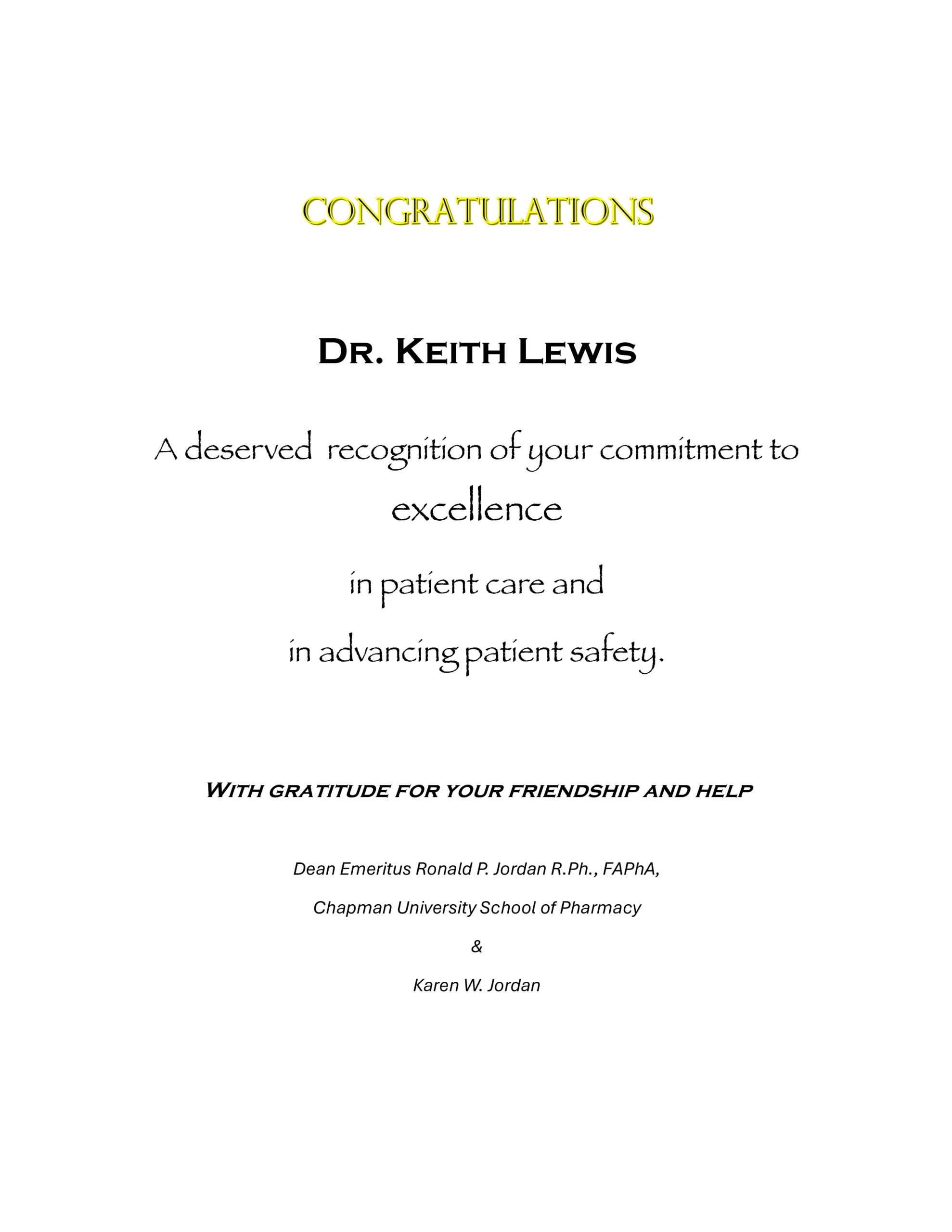 Dean Emeritus Ronald P. Jordan R.Ph., FAPhA, Chapman University School of Pharmacy & Karen W. Jordan advertisement